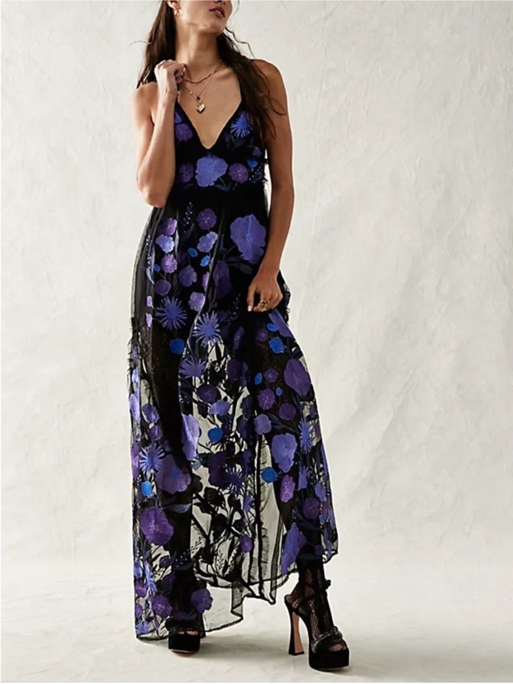 For Love & Lemons Black Maxi Dress with Purple Floral Embroidery